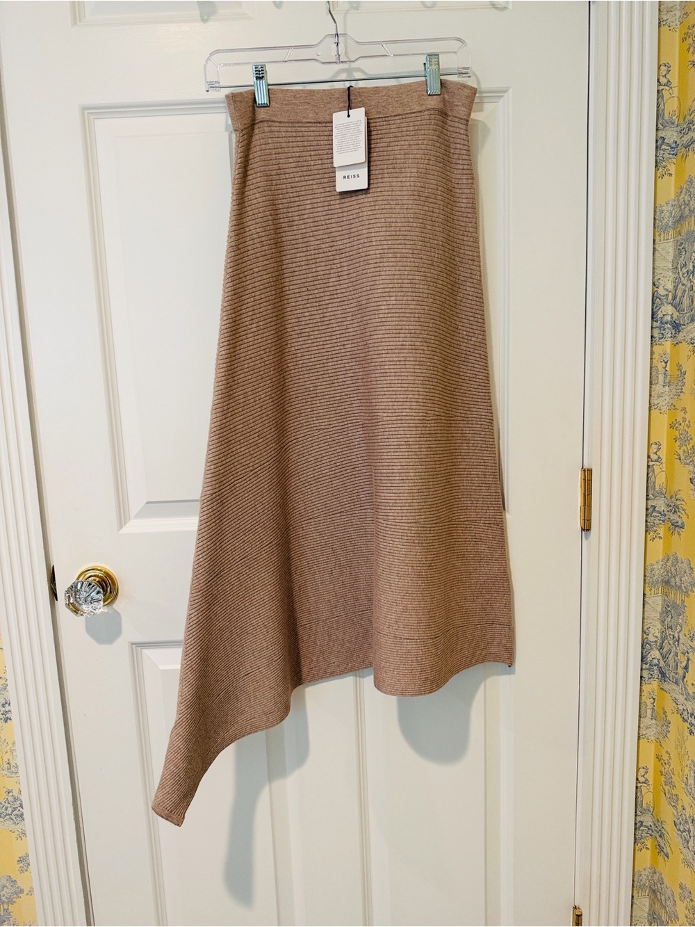 Reiss Asymmetrical Ribbed Knit Skirt in Taupe